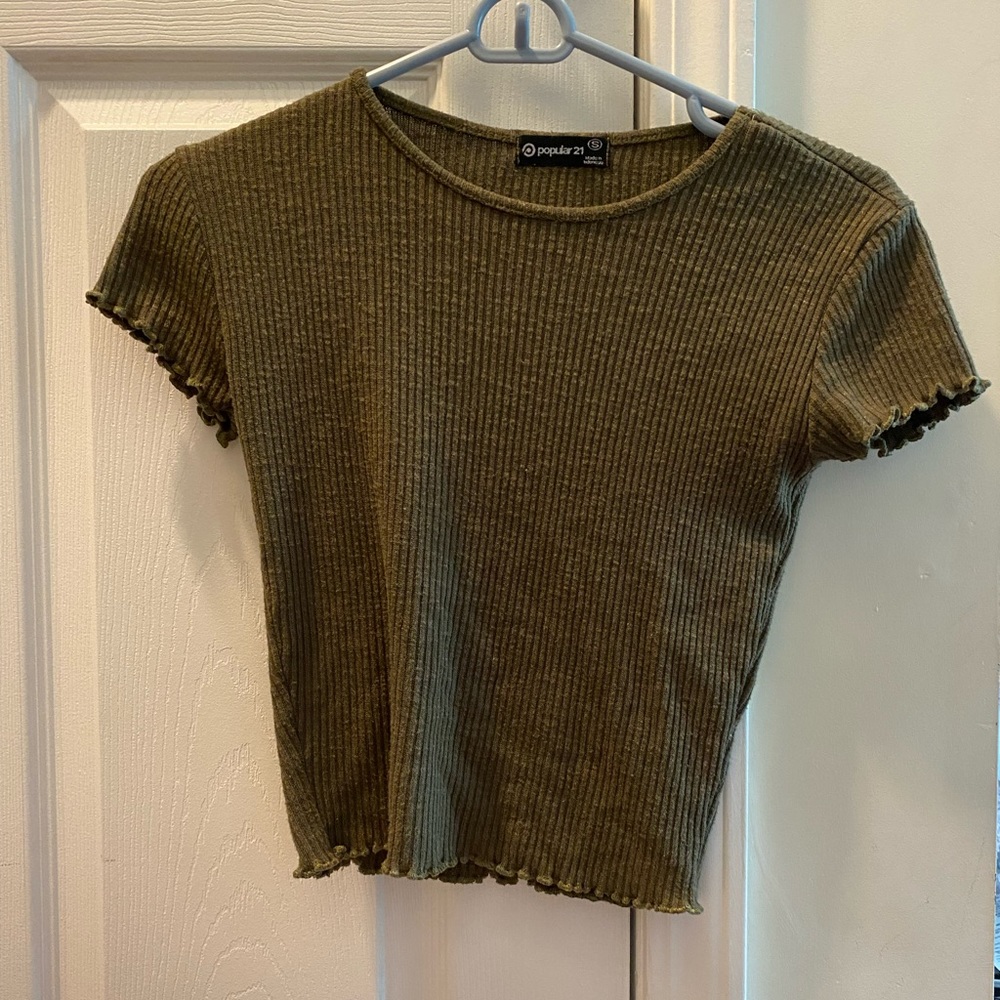 green ribbed tee with lettuce hem